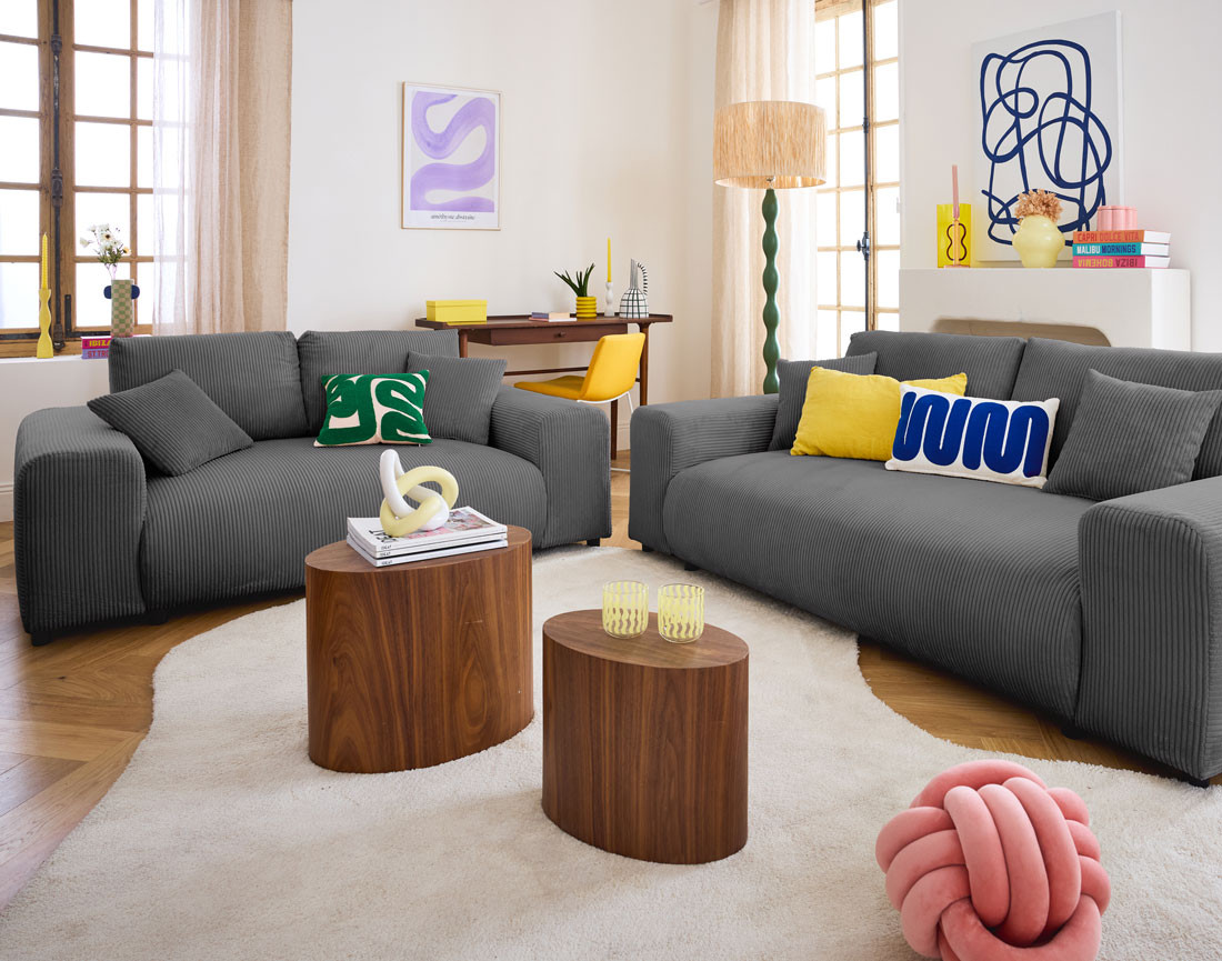 Canapé droit 2 places en velours côtelé Garance