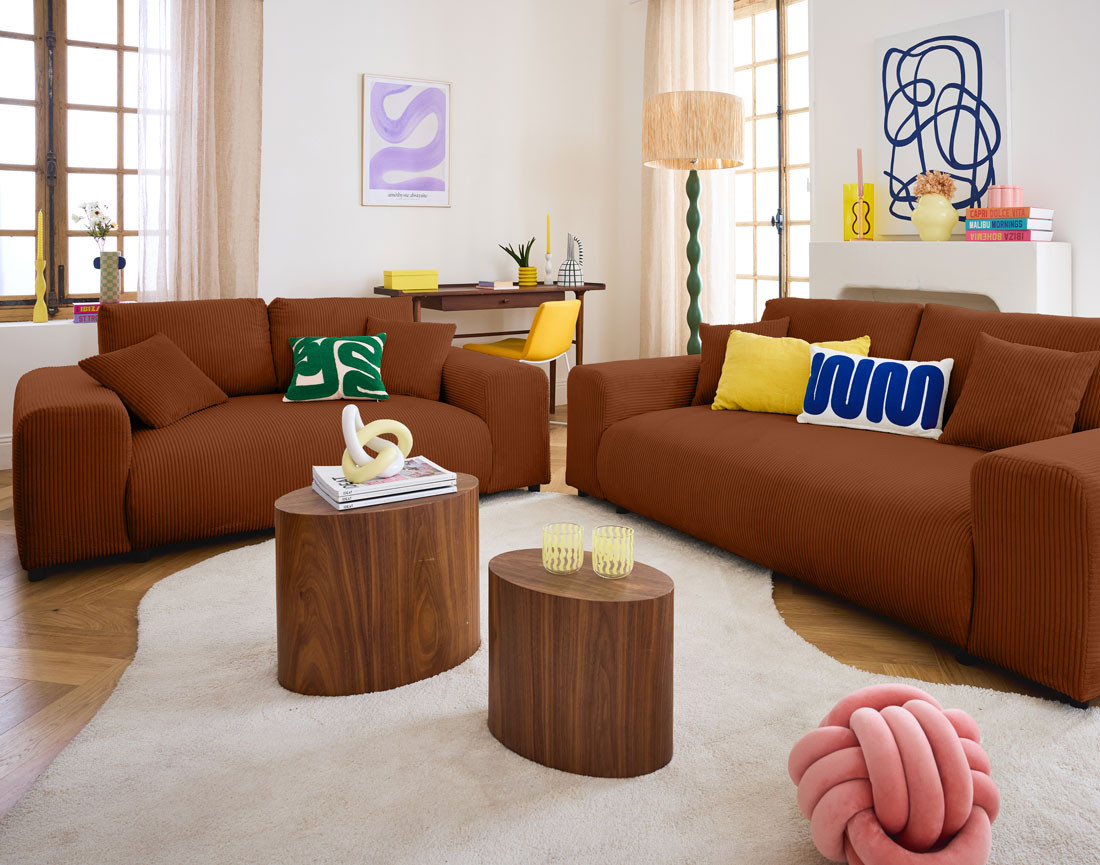 Canapé droit 3 places en velours côtelé Garance