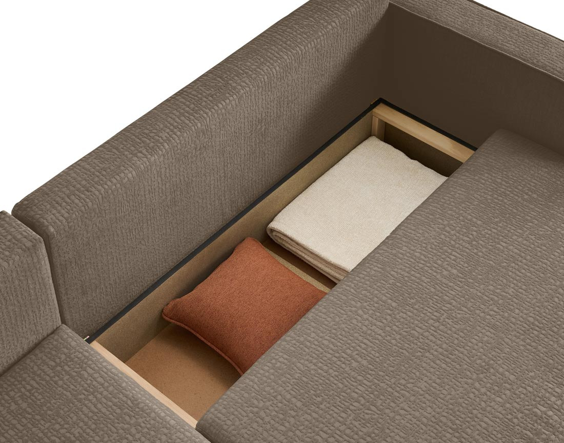 Canapé d'angle réversible 4 places convertible avec coffre en tissu velours relief Topaze