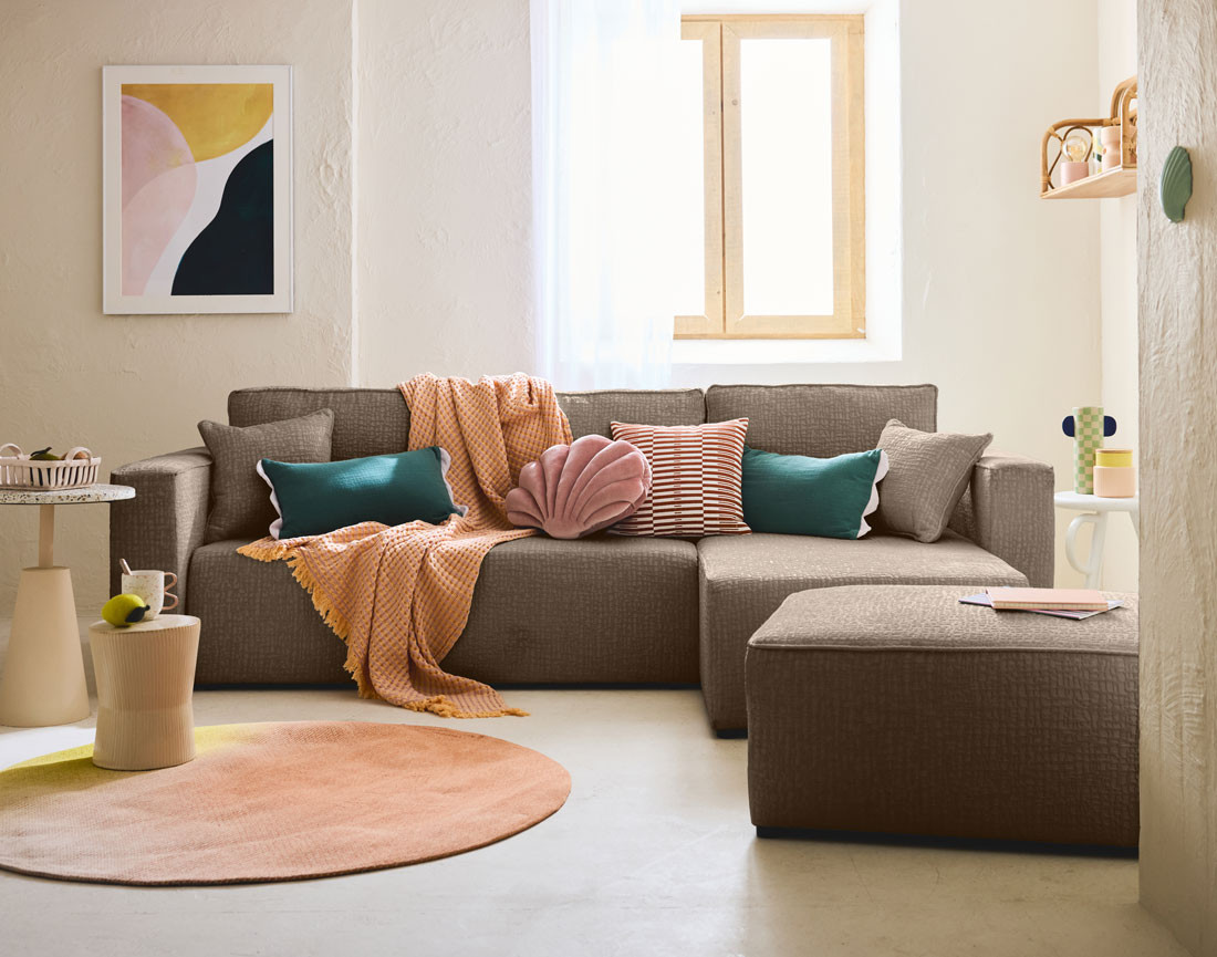 Canapé d'angle réversible 4 places convertible avec coffre en tissu velours relief Topaze