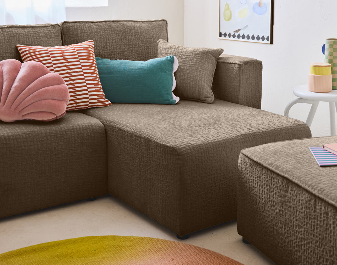 Canapé d'angle réversible 4 places convertible avec coffre en tissu velours relief Topaze