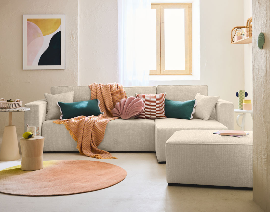 Canapé d'angle réversible 4 places convertible avec coffre en tissu velours relief Topaze