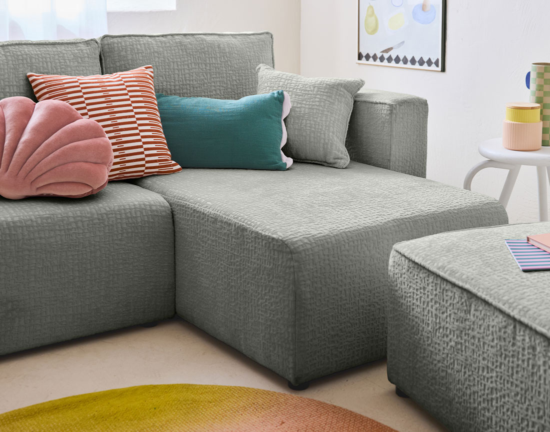 Canapé d'angle réversible 4 places convertible avec coffre en tissu velours relief Topaze