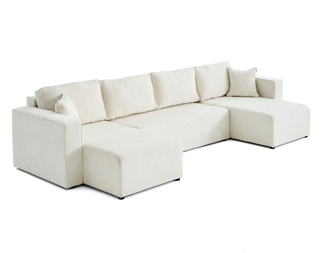 Canapé panoramique en U convertible avec coffre en tissu velours relief Topaze