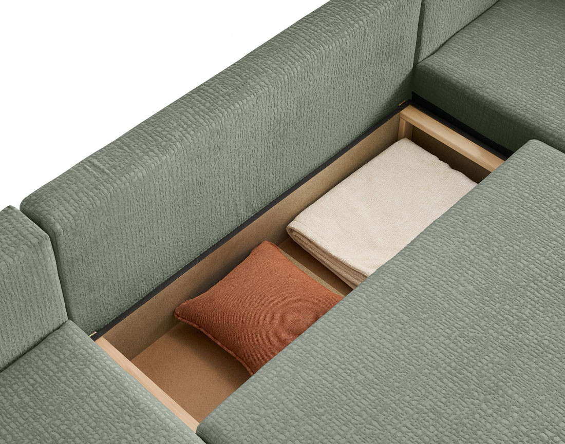 Canapé panoramique en U convertible avec coffre en tissu velours relief Topaze