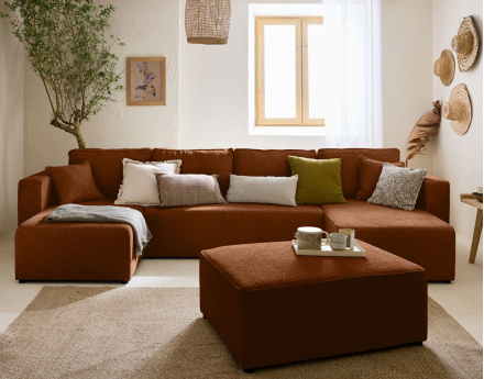 Canapé panoramique en U convertible avec coffre en tissu velours relief Topaze