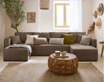 Canapé panoramique en U convertible avec coffre en tissu velours relief Topaze