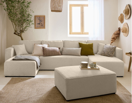 Canapé panoramique en U convertible avec coffre en tissu velours relief Topaze