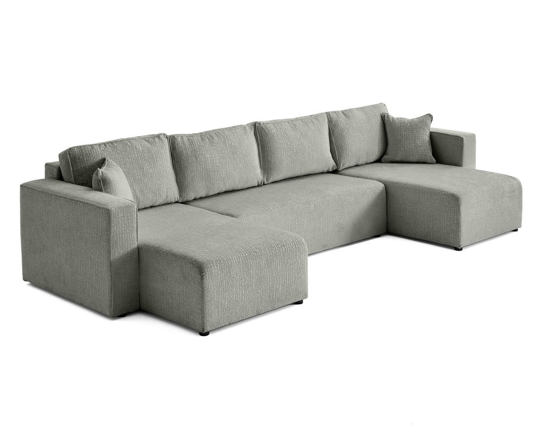 Canapé panoramique en U convertible avec coffre en tissu velours relief Topaze