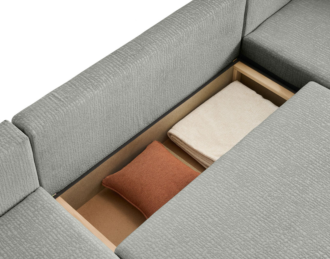 Canapé panoramique en U convertible avec coffre en tissu velours relief Topaze