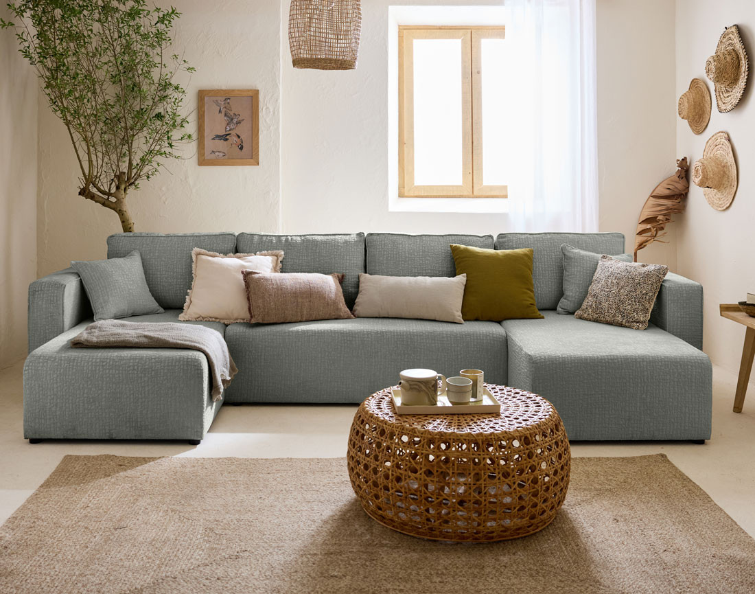 Canapé panoramique en U convertible avec coffre en tissu velours relief Topaze