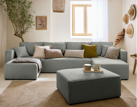 Canapé panoramique en U convertible avec coffre en tissu velours relief Topaze