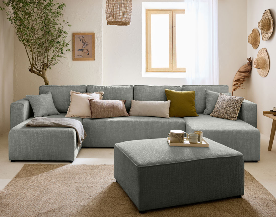 Canapé panoramique en U convertible avec coffre en tissu velours relief Topaze