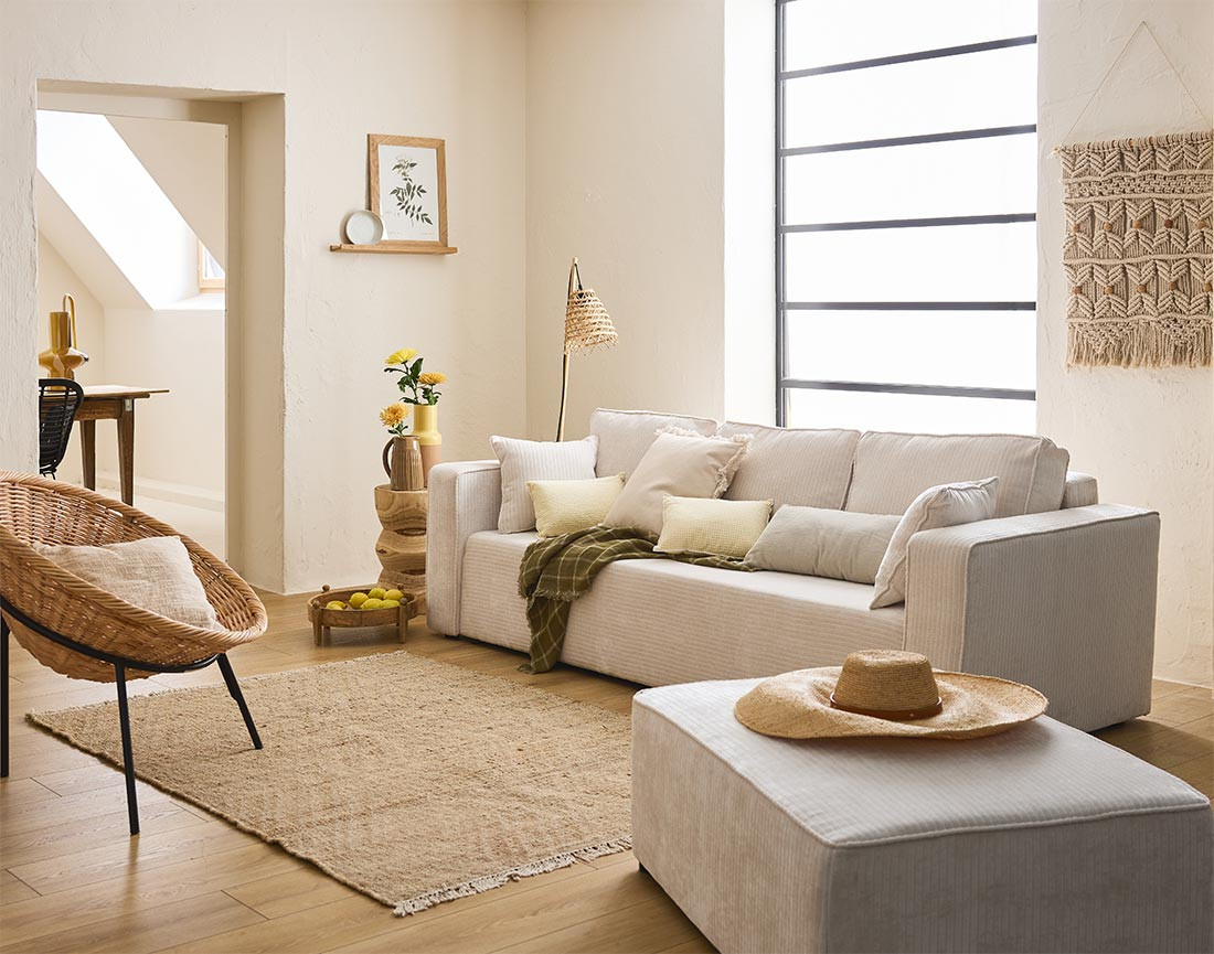 Canapé 3 places convertible avec coffre en velours côtelé plat Topaze