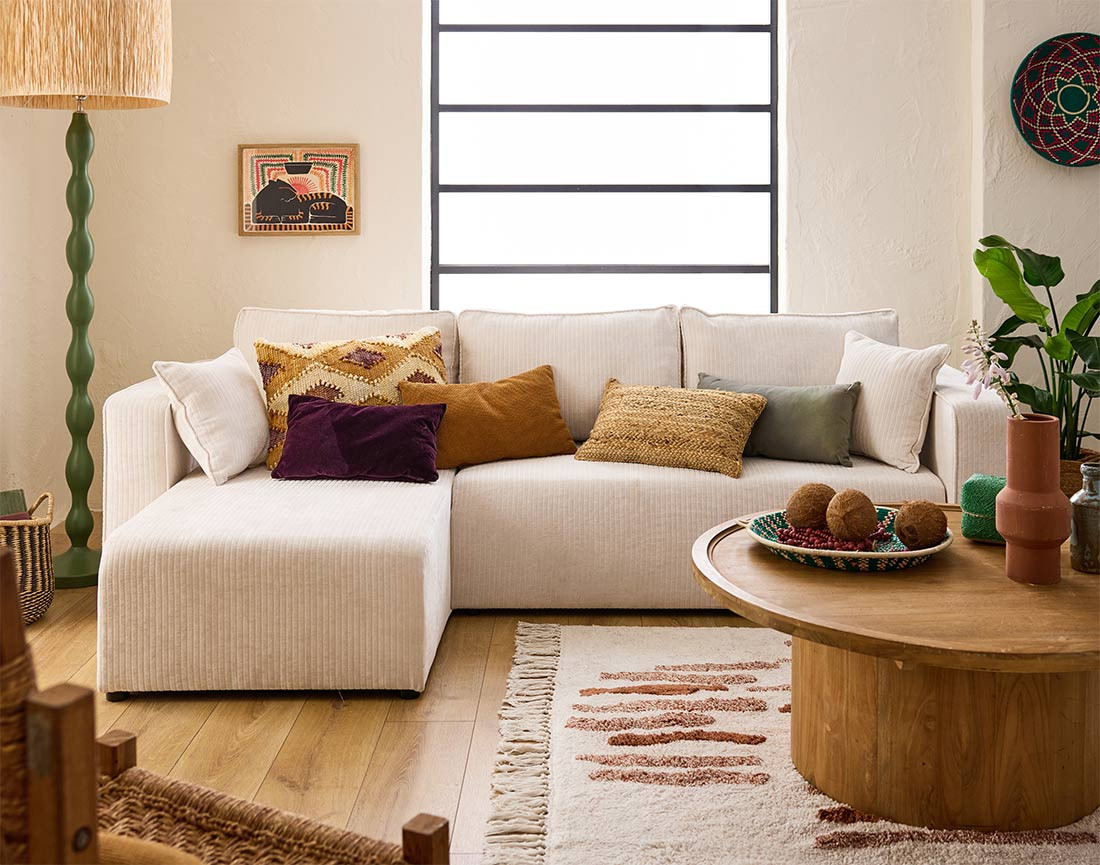 Canapé d'angle convertible avec coffre en velours côtelé plat Topaze