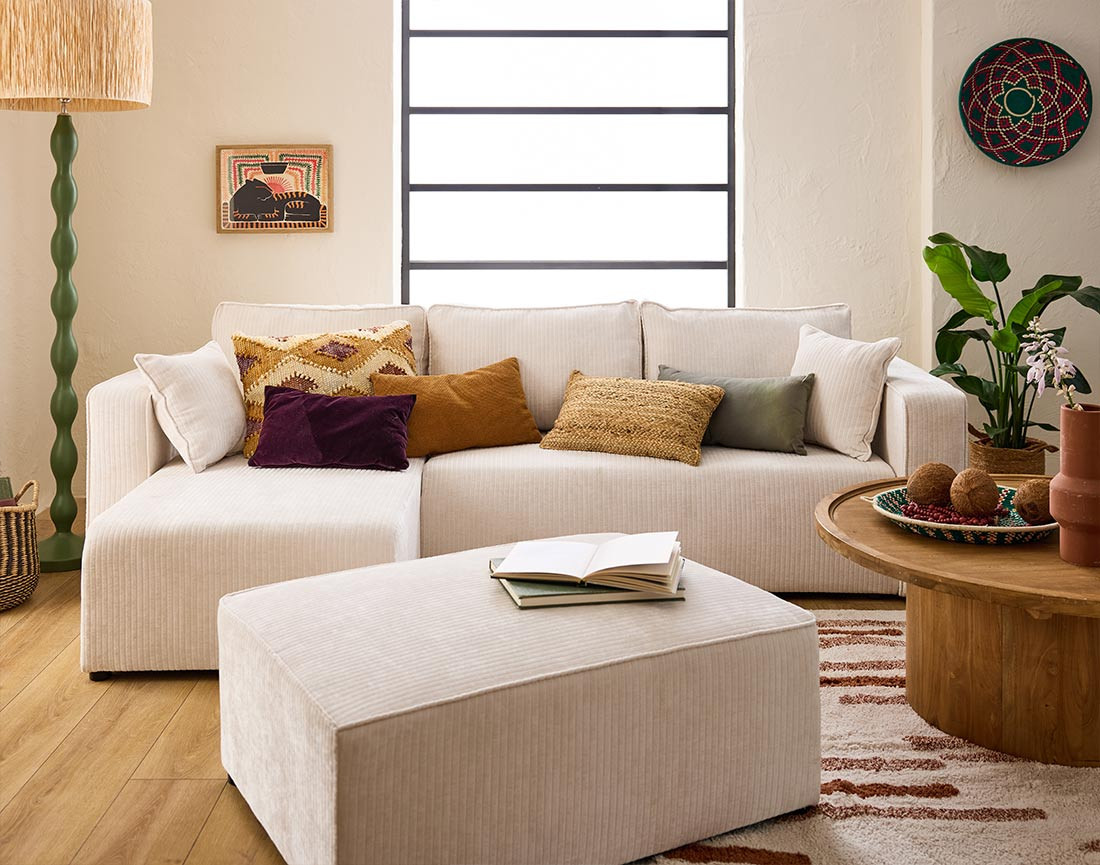 Canapé d'angle convertible avec coffre en velours côtelé plat Topaze