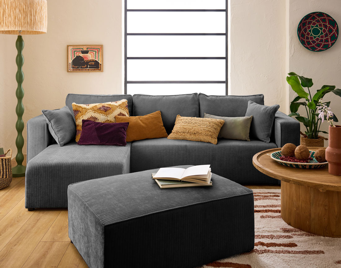 Canapé d'angle convertible avec coffre en velours côtelé plat Topaze