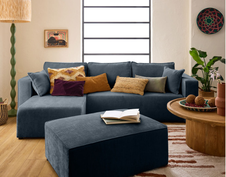 Canapé d'angle convertible avec coffre en velours côtelé plat Topaze