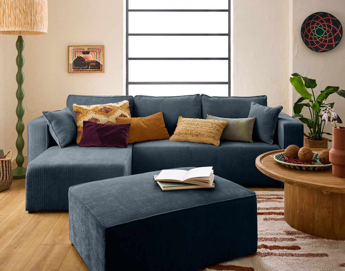 Canapé d'angle convertible avec coffre en velours côtelé plat Topaze