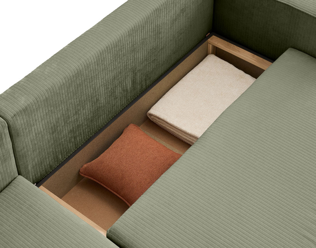 Canapé d'angle convertible avec coffre en velours côtelé plat Topaze