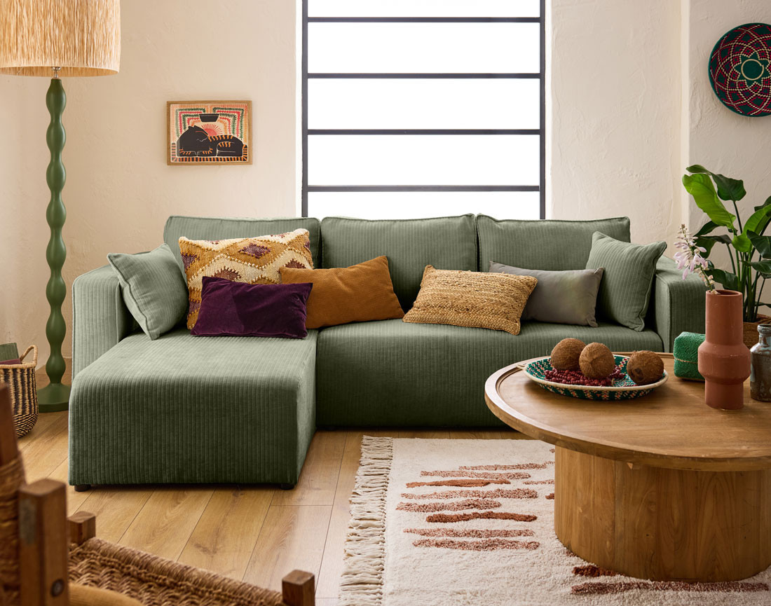 Canapé d'angle convertible avec coffre en velours côtelé plat Topaze