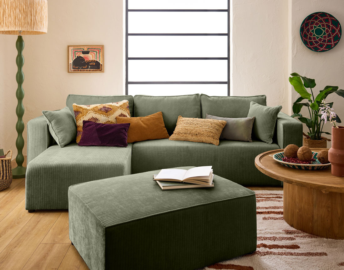 Canapé d'angle convertible avec coffre en velours côtelé plat Topaze