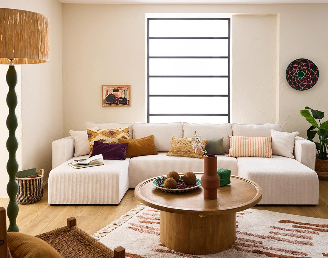 Canapé panoramique convertible avec coffre en velours côtelé plat Topaze