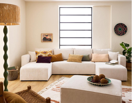 Canapé panoramique convertible avec coffre en velours côtelé plat Topaze