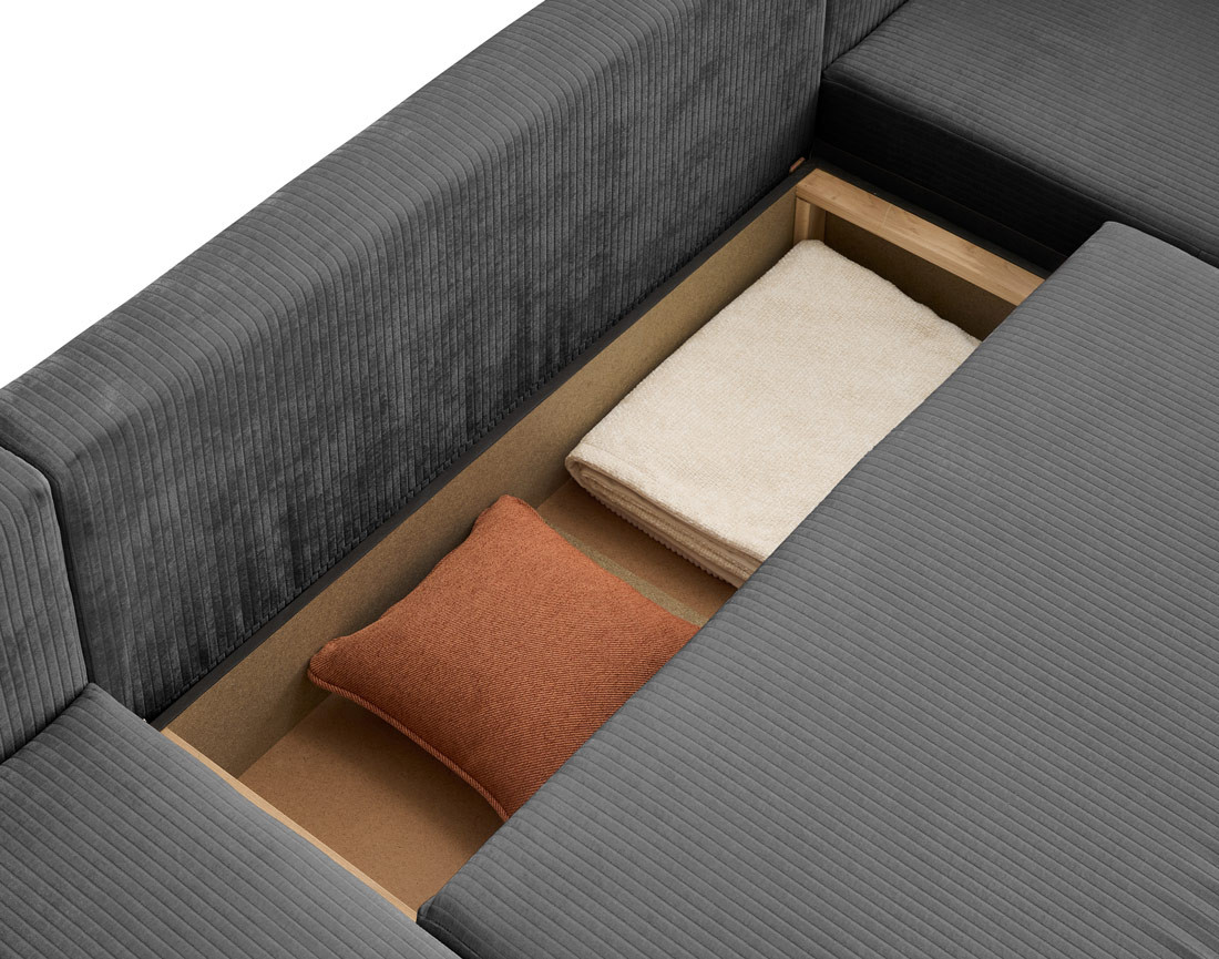 Canapé panoramique convertible avec coffre en velours côtelé plat Topaze