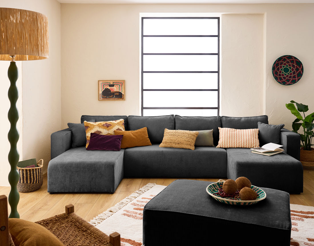 Canapé panoramique convertible avec coffre en velours côtelé plat Topaze