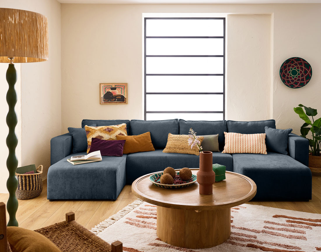 Canapé panoramique convertible avec coffre en velours côtelé plat Topaze