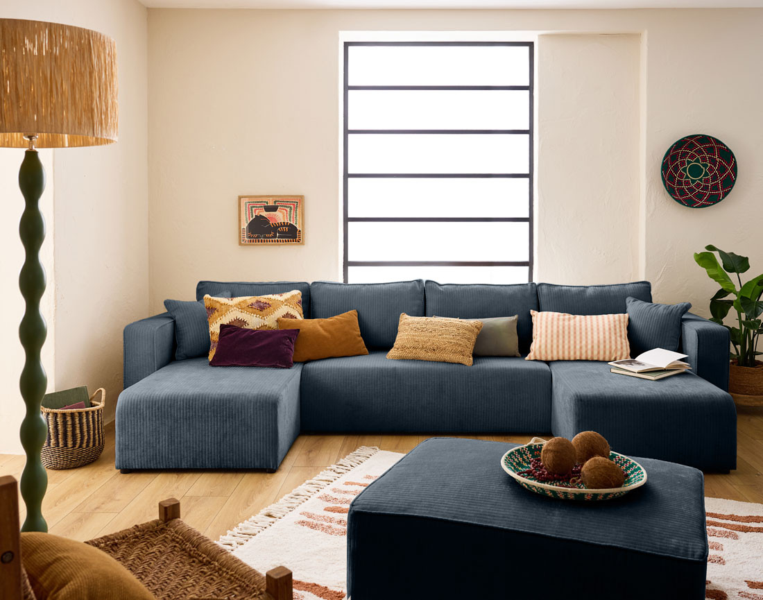 Canapé panoramique convertible avec coffre en velours côtelé plat Topaze