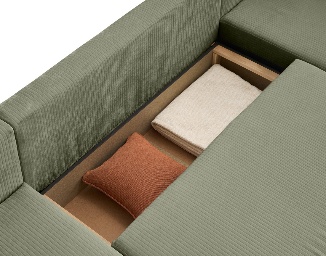 Canapé panoramique convertible avec coffre en velours côtelé plat Topaze