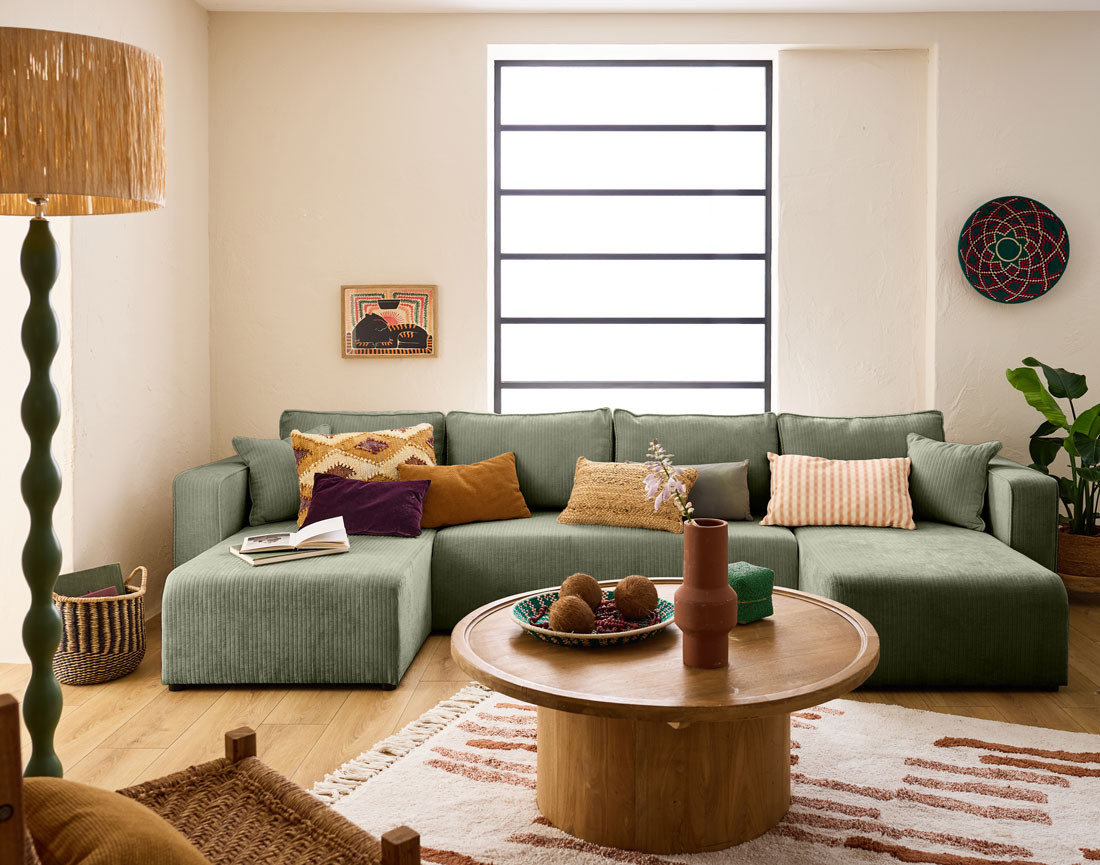 Canapé panoramique convertible avec coffre en velours côtelé plat Topaze