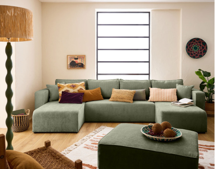 Canapé panoramique convertible avec coffre en velours côtelé plat Topaze