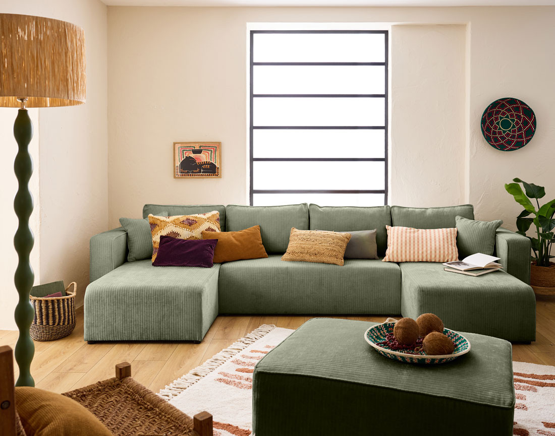 Canapé panoramique convertible avec coffre en velours côtelé plat Topaze