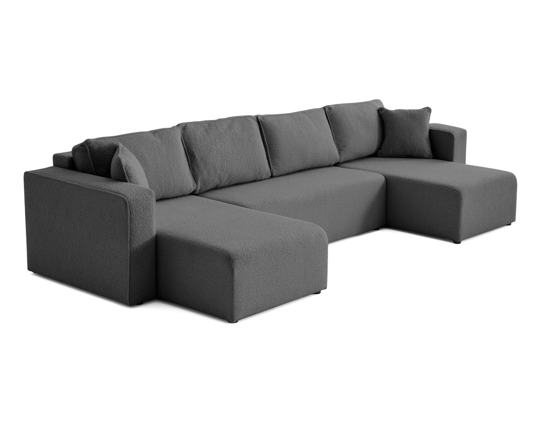 Canapé panoramique en U 7 places convertible avec coffre en tissu bouclette Topaze