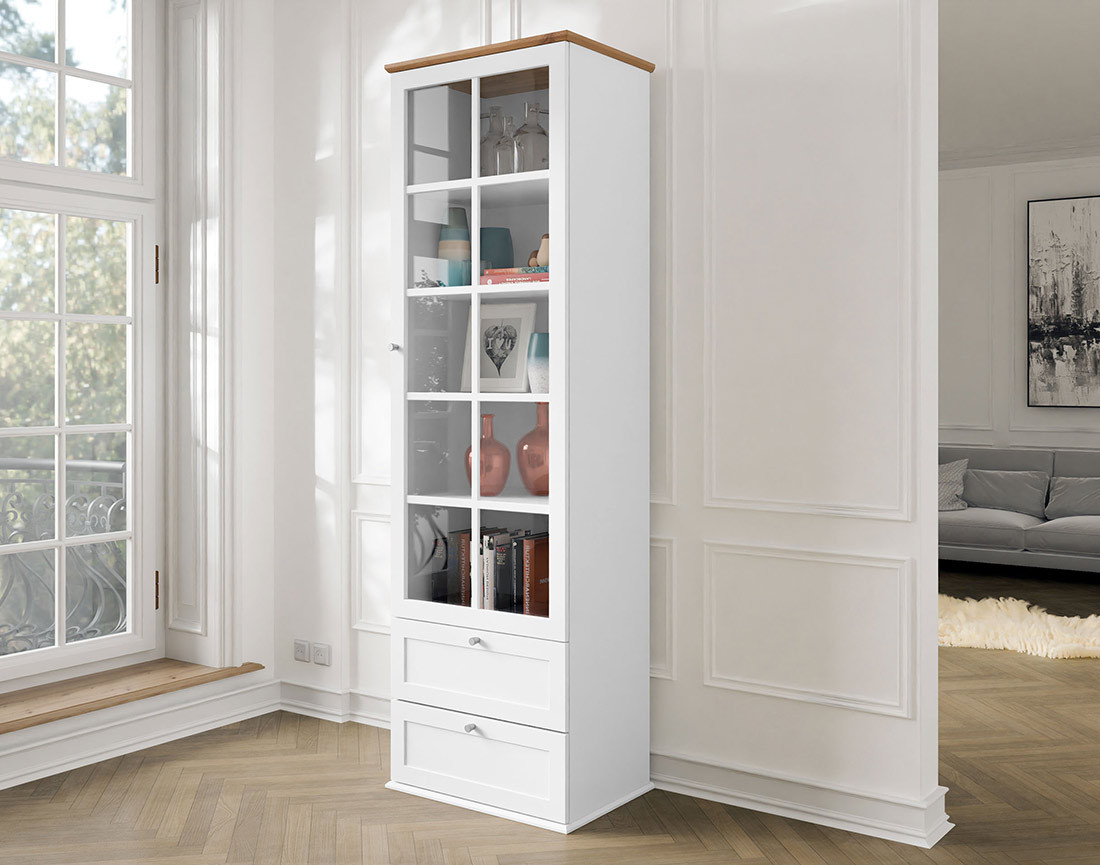 Vitrine bois et blanc 2 tiroirs et 1 porte 201 cm Francesco