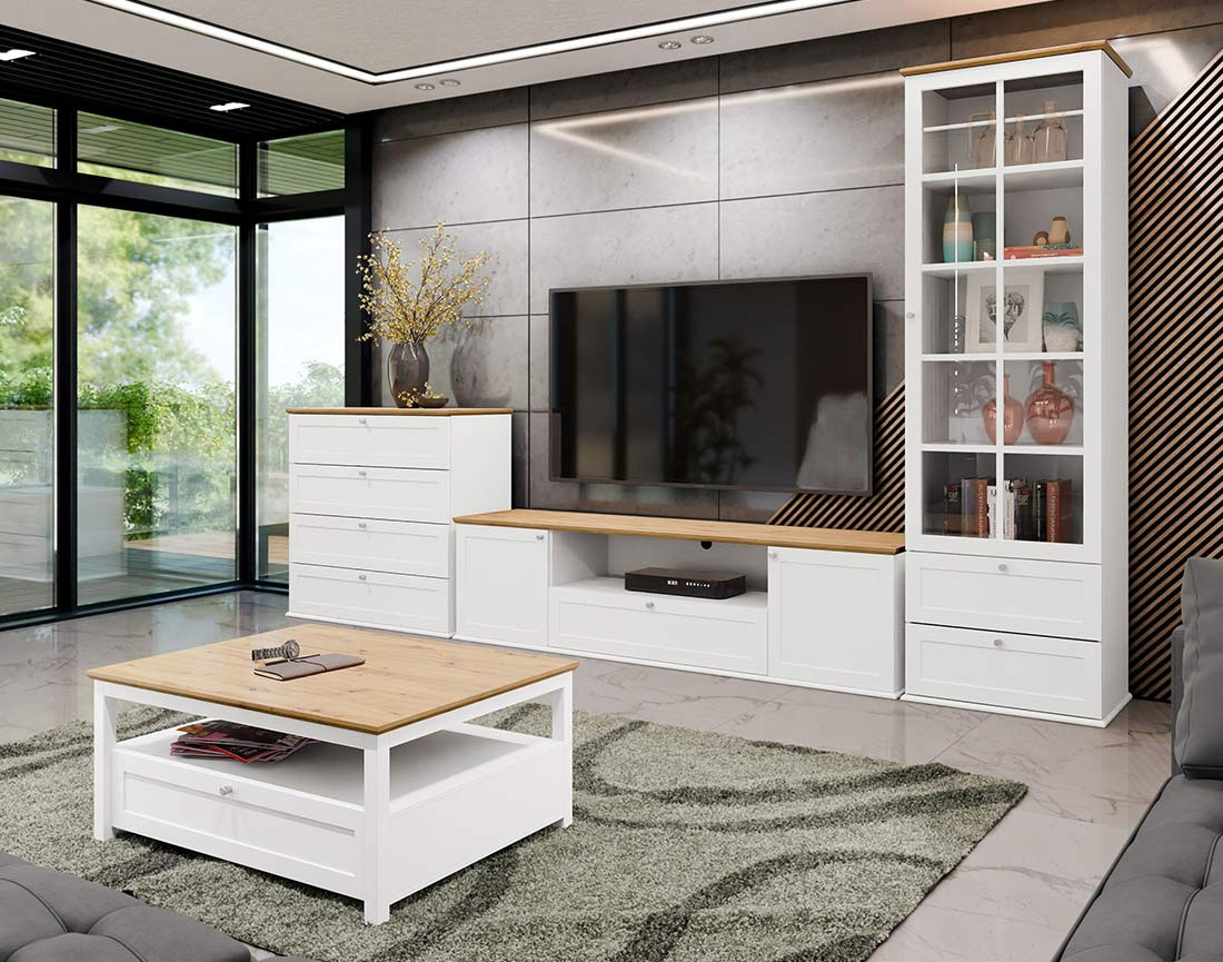 Vitrine bois et blanc 2 tiroirs et 1 porte 201 cm Francesco