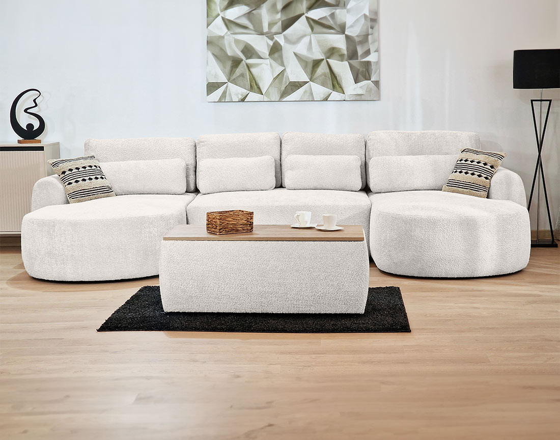 Canapé panoramique convertible avec coffre en tissu bouclette Mahina