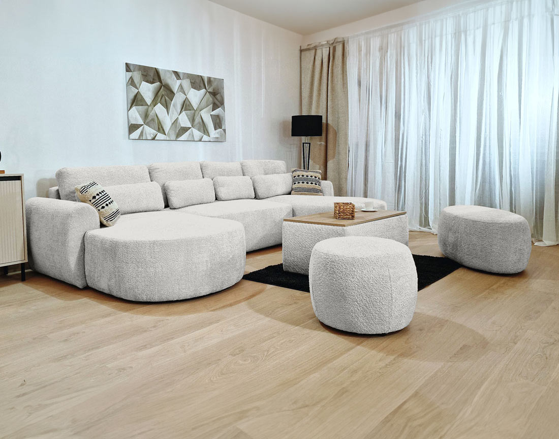 Canapé panoramique convertible avec coffre en tissu bouclette Mahina