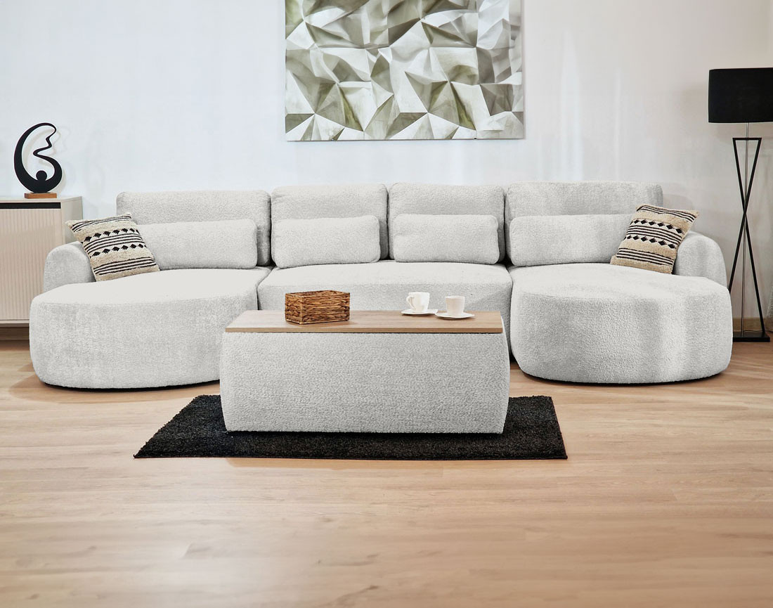 Canapé panoramique convertible avec coffre en tissu bouclette Mahina
