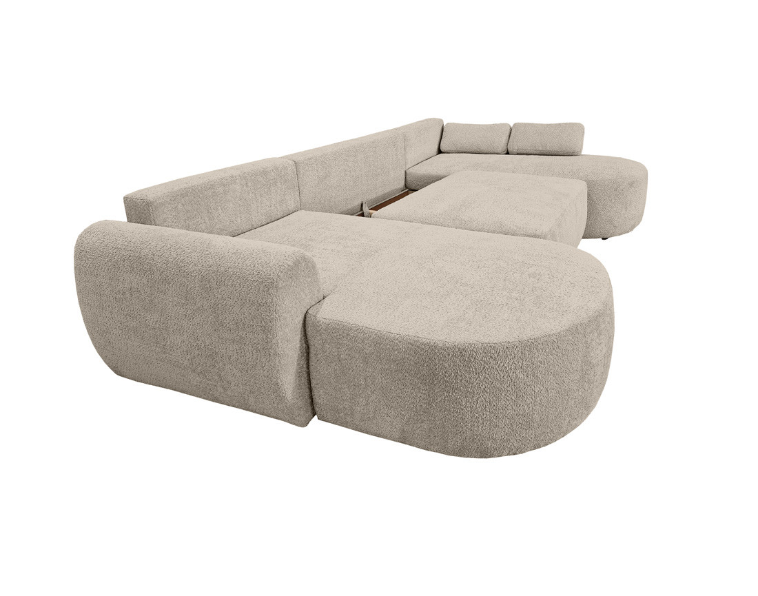 Canapé panoramique convertible avec coffre en tissu bouclette Mahina