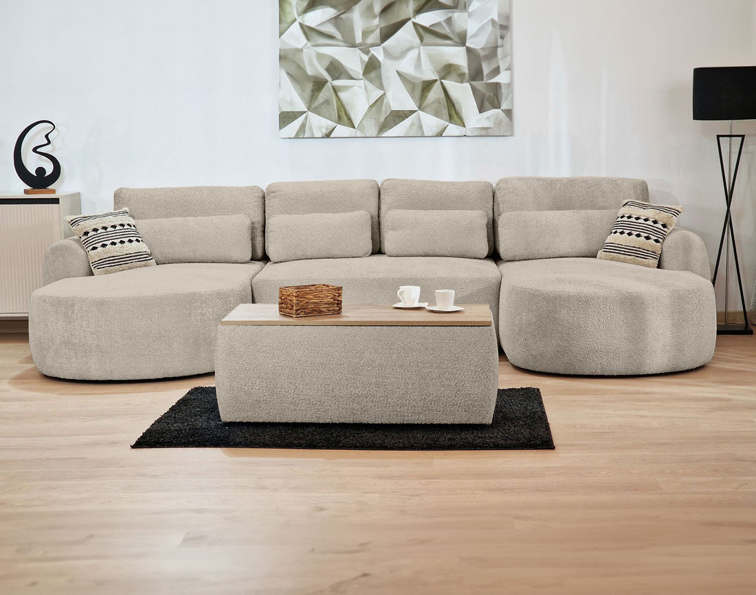 Canapé panoramique convertible avec coffre en tissu bouclette Mahina