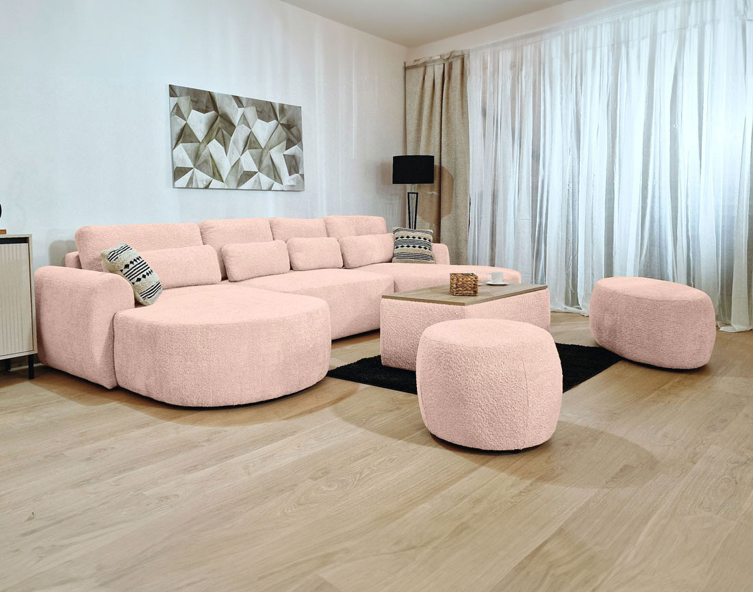 Canapé panoramique convertible avec coffre en tissu bouclette Mahina