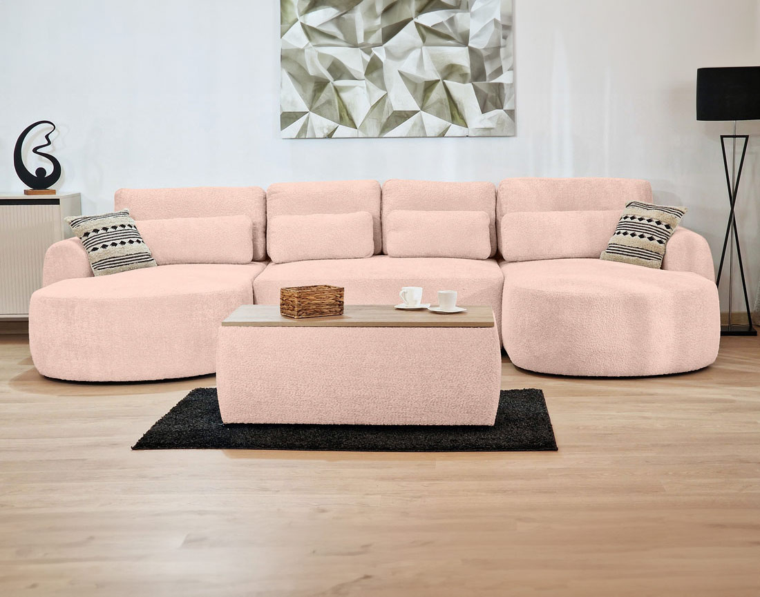 Canapé panoramique convertible avec coffre en tissu bouclette Mahina