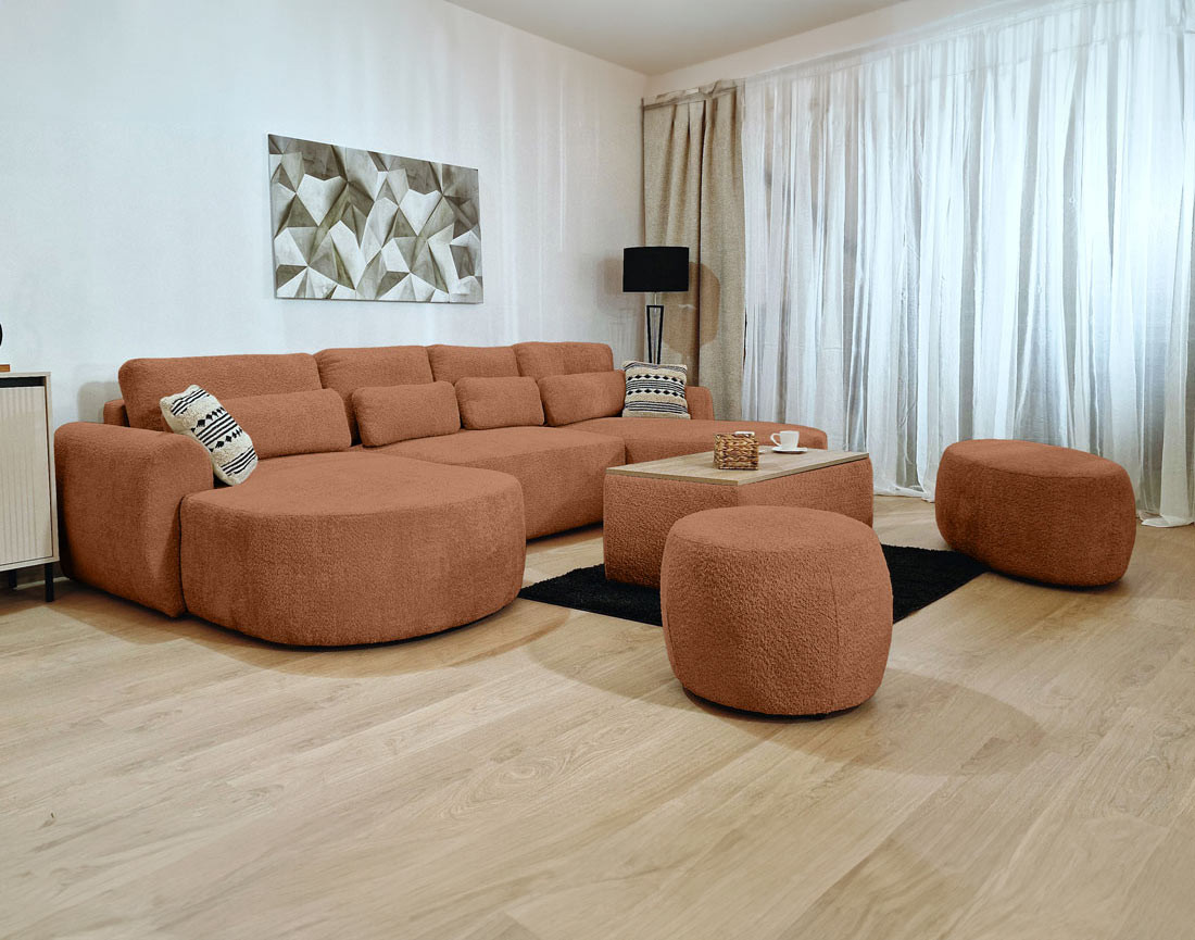 Canapé panoramique convertible avec coffre en tissu bouclette Mahina