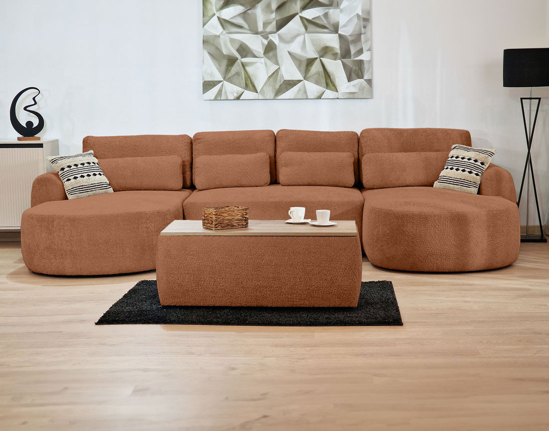 Canapé panoramique convertible avec coffre en tissu bouclette Mahina