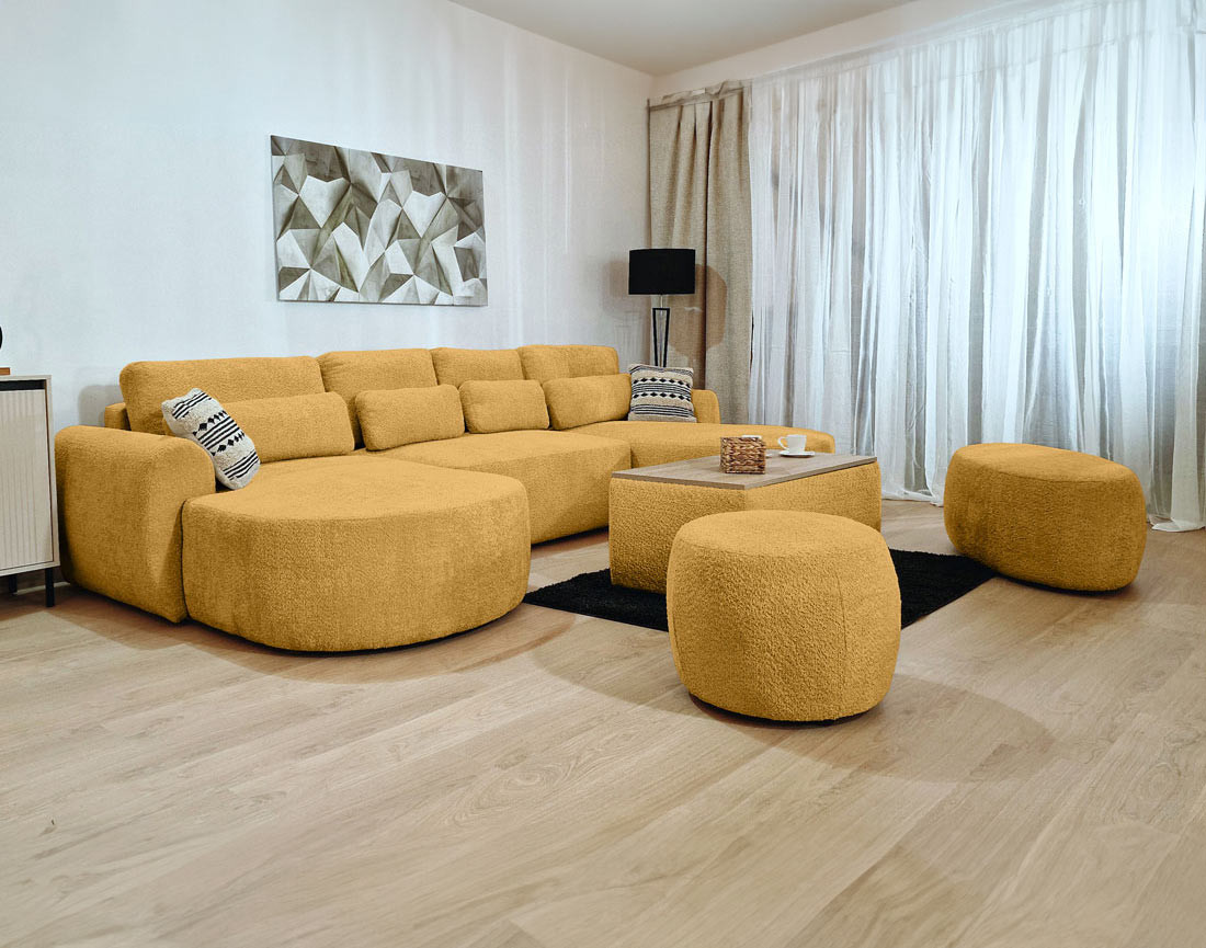 Canapé panoramique convertible avec coffre en tissu bouclette Mahina