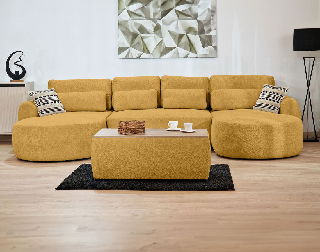 Canapé panoramique convertible avec coffre en tissu bouclette Mahina